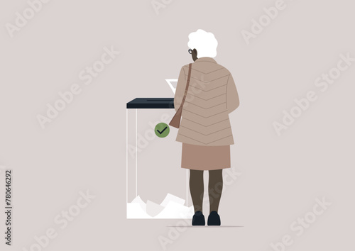 Casting the Vote, Civic Duty in Serene Solitude, A solitary figure partakes in the act of democracy, placing a vote into a ballot box