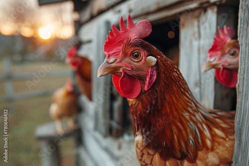 A detailed close-up shot capturing the curious gaze of a chicken peeking from its wooden coop during twilight