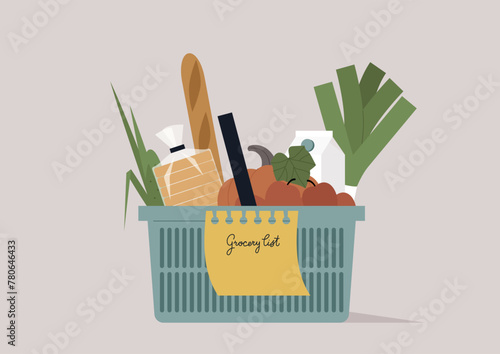 A Basket brimming with market-fresh groceries, complete with a handy shopping list