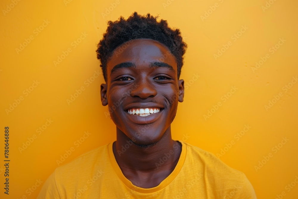 smiling African black guy in orange T-shirt on bright orange background, portrait, lifestyle smiling African black guy in orange T-shirt on bright orange background, portrait, lifestyle