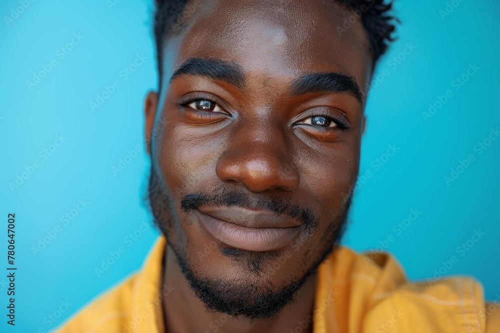 smiling African black man in yellow shirt on blue background, portrait smiling African black man in yellow shirt on blue background, portrait