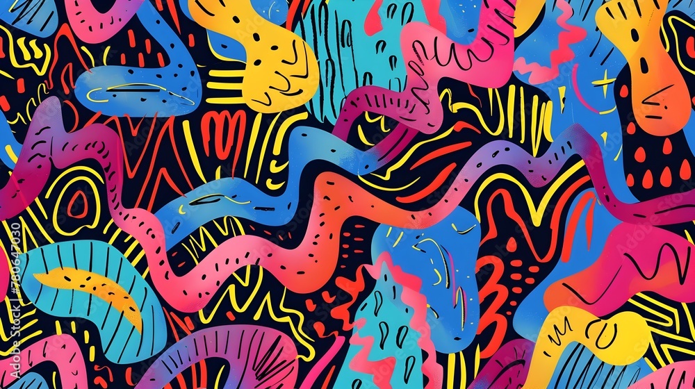 Energetic Seamless Pattern with Playful Colorful Doodles and Zig-Zagging Lines in a Dynamic Dance