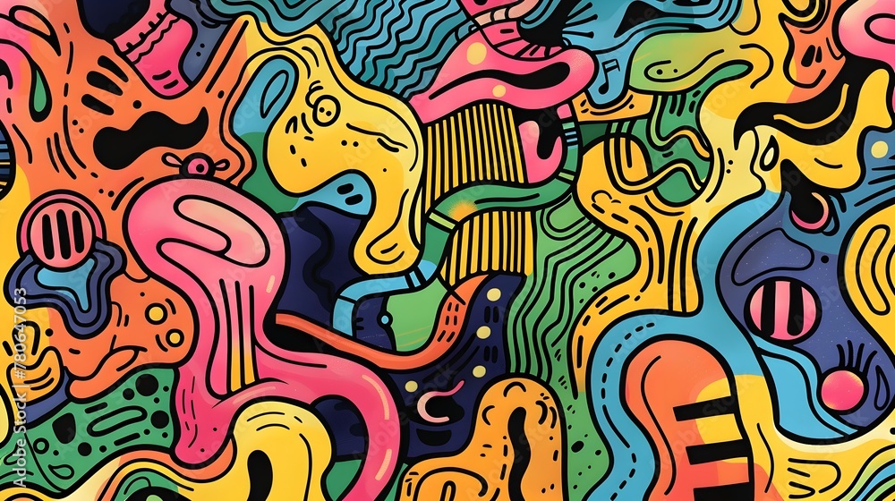 Vibrant Abstract Doodle Artwork with Flowing Shapes and Dynamic Lines