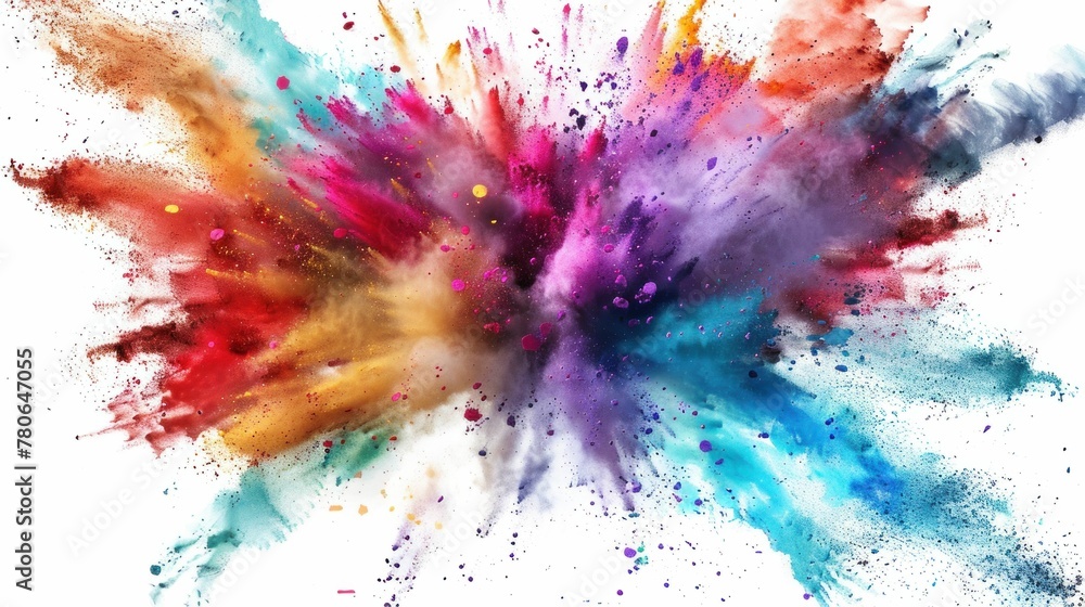 Colorful powder explosion on white background, vibrant and dynamic burst of colored particles, isolated backdrop for design creativity and celebration concept Colorful powder explosion on white background, vibrant and dynamic burst of colored particles, isolated backdrop for design creativity and celebration concept