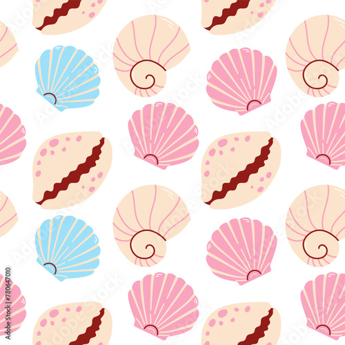 Seamless pattern with shells. Pink and blue sea shells seamless pattern. Trendy pattern of seashells for wrapping paper, wallpaper, stickers, notebook cover. 