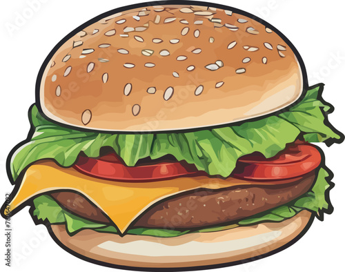 Cheeseburger With Sliced Tomatoes And Lettuce, Vector Illustration, Isolated On White Background