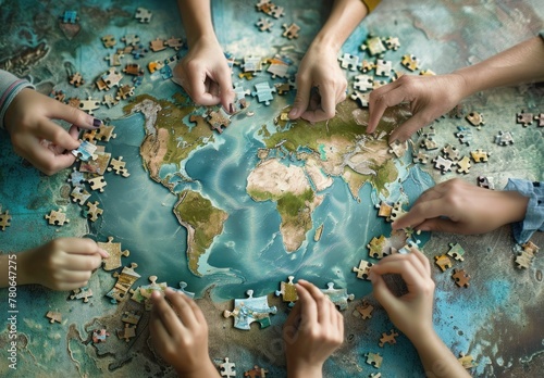 Diverse group of people collaborating on jigsaw puzzles over a world map in a teamwork and problemsolving concept photo