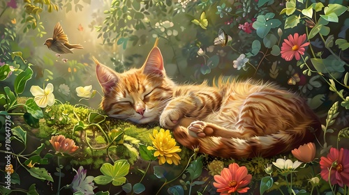 Feline Siesta in a Blossoming Spring Garden with Delicate Flowers and Lush Foliage