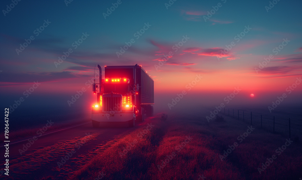 Fototapeta premium American style truck on country road pulling load. Logistics and Transportation theme