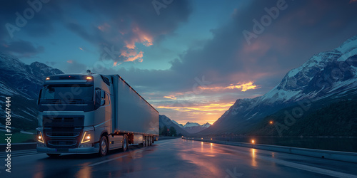 Delivery and logistics concept with truck driving in majestic landscape