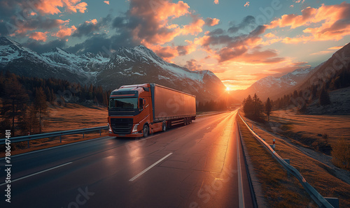 Logistics and delivery service concepts with red truck delivering goods to destination photo
