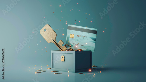 Credit card and key exploding out of a secure padlock portraying financial security breach