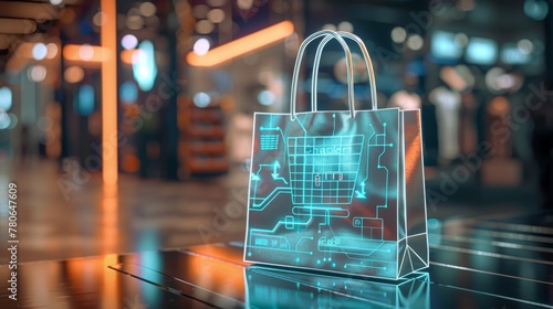 Holographic shopping bag with credit card icons symbolizing futuristic online commerce photo