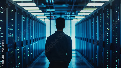 A horizontal side view shot of an IT technician working and checking system in the middle of the aisle inside a server room with rows of blue glowing network server cabinets on both sides