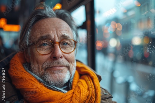 A senior man with a thoughtful expression wearing a bright scarf smiles while on a city bus © Larisa AI