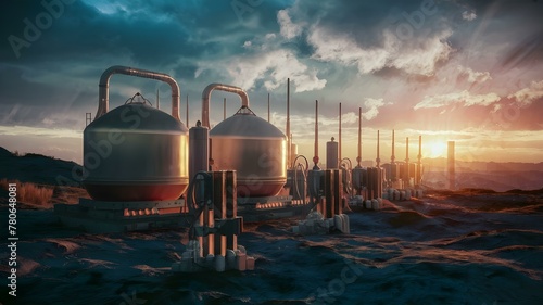 Industrial Hydrogen Production at Sunset. Concept Renewable Energy, Hydrogen Fuel, Industrial Processes, Sunset Photoshoot, Science and Technology