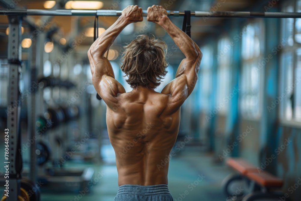 A focused athlete engages in strength training, performing pull-ups in a well-equipped modern gym, showcasing his muscular back A focused athlete engages in strength training, performing pull-ups in a well-equipped modern gym, showcasing his muscular back