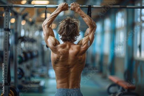 A focused athlete engages in strength training, performing pull-ups in a well-equipped modern gym, showcasing his muscular back