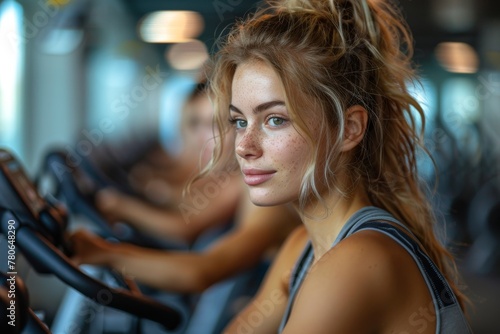 A young woman with determination in her eyes stands at the gym, with cardio machines in the background
