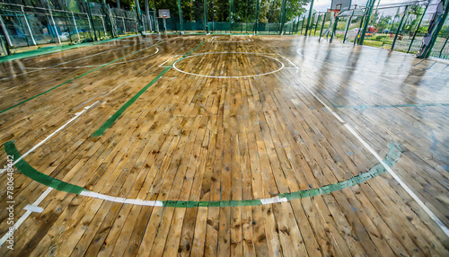 Above view of maple hardwood basketball court surface