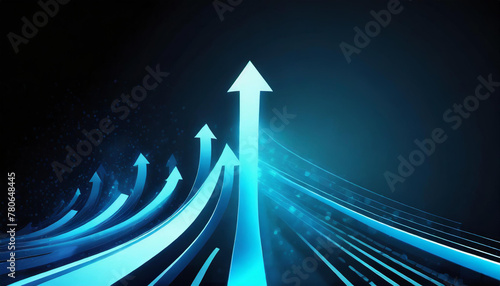 Abstract background with blue glowing arrows pointing upwards, representing growth and progress in technology or digital marketing. Abstract digital artwork with copy space