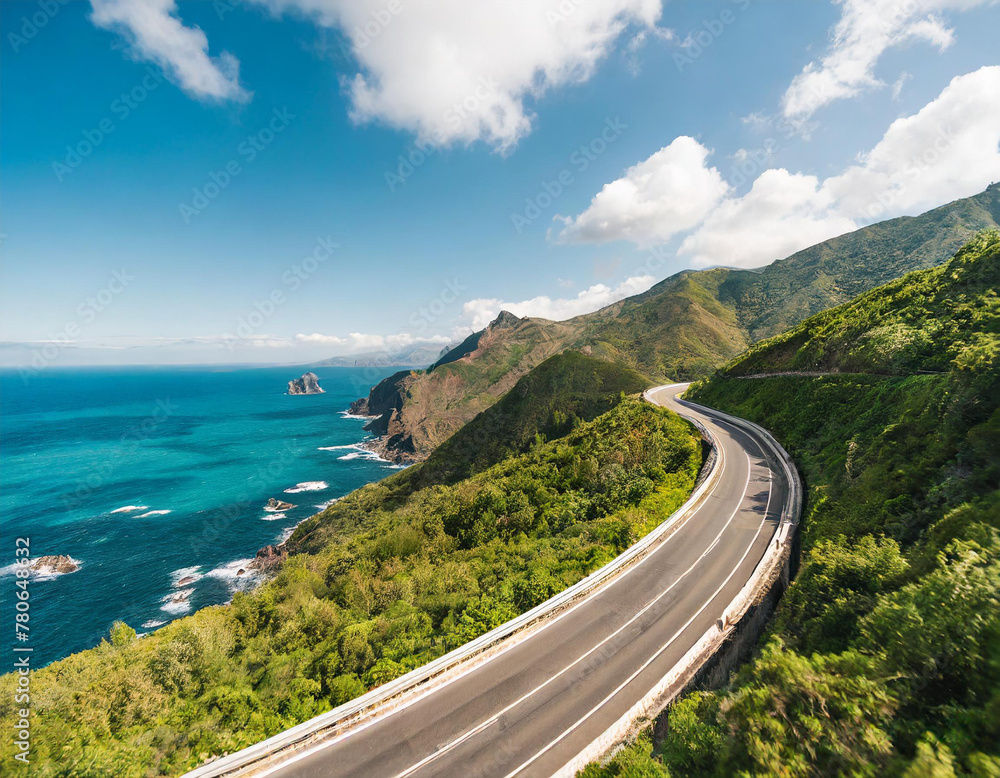 Aerial view of curved asphalt road near the ocean or sea, coastline