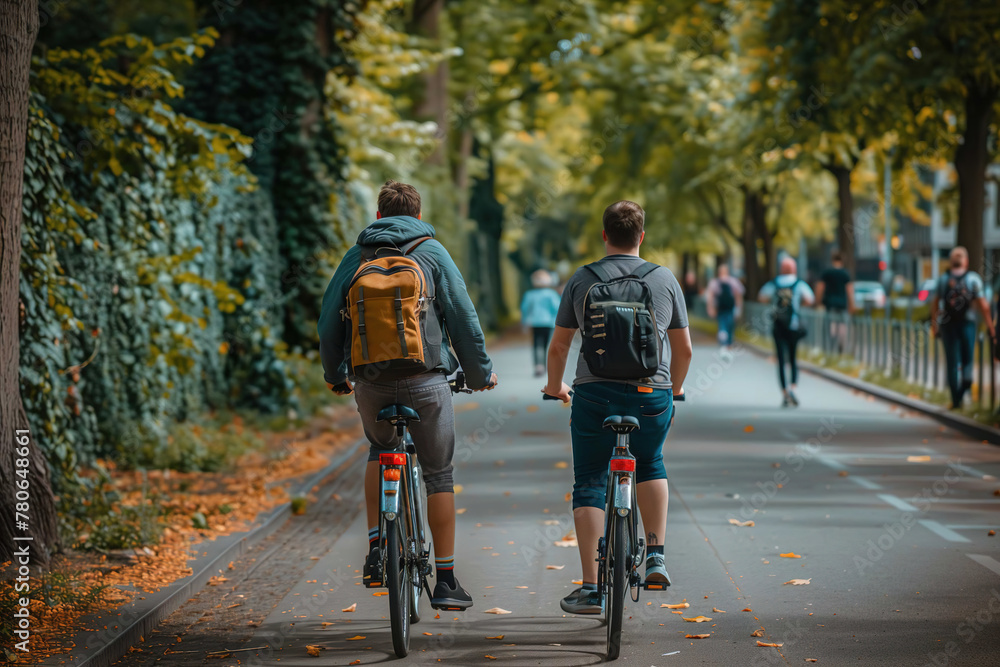 Two friends enjoying a bike ride through an autumn park