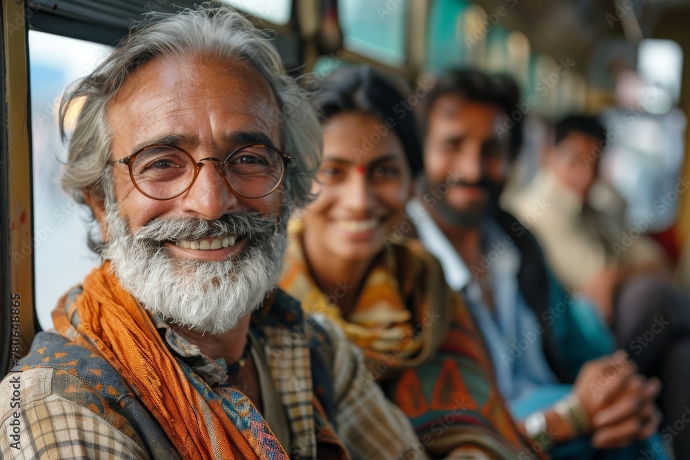 A group of individuals share a joyful ride, with a man smiling warmly at the camera A group of individuals share a joyful ride, with a man smiling warmly at the camera