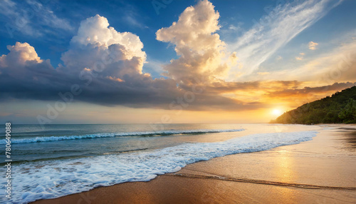 Beautiful cloudscape over the sea waves and tropical beach shore