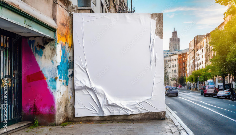 City setting with a crumpled white poster template on a textured wall, displaying an empty street art sticker design resembling urban glued advertising canvas. City setting with a crumpled white poster template on a textured wall, displaying an empty street art sticker design resembling urban glued advertising canvas.