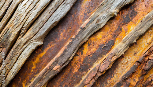 close up of a weathered metal wall resembling the bark of a tree trunk. The rusty surface has a unique pattern similar to hardwood flooring