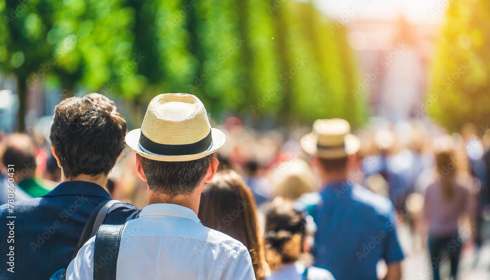 crowd of people on a sunny summer street blurred abstract background in out-of-focus, sun glare image light