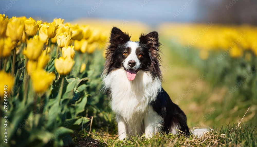 Dog in the field with spring flowers