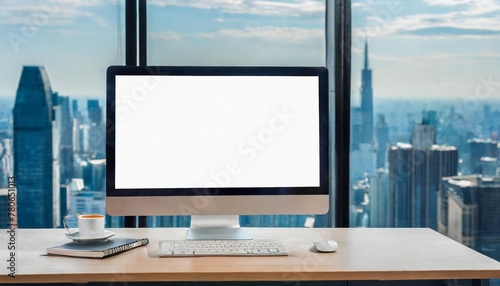 frontal view on modern clean pc workplace; white monitor with copy space; minimalist office background with panoramic view on big city skyline; digital home office concept