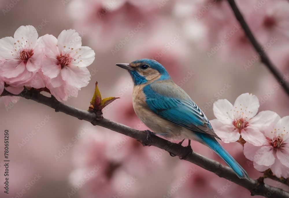 Vibrant Pink and Blue Bird Perched Among Spring Cherry Blossoms in Full Bloom Vibrant Pink and Blue Bird Perched Among Spring Cherry Blossoms in Full Bloom