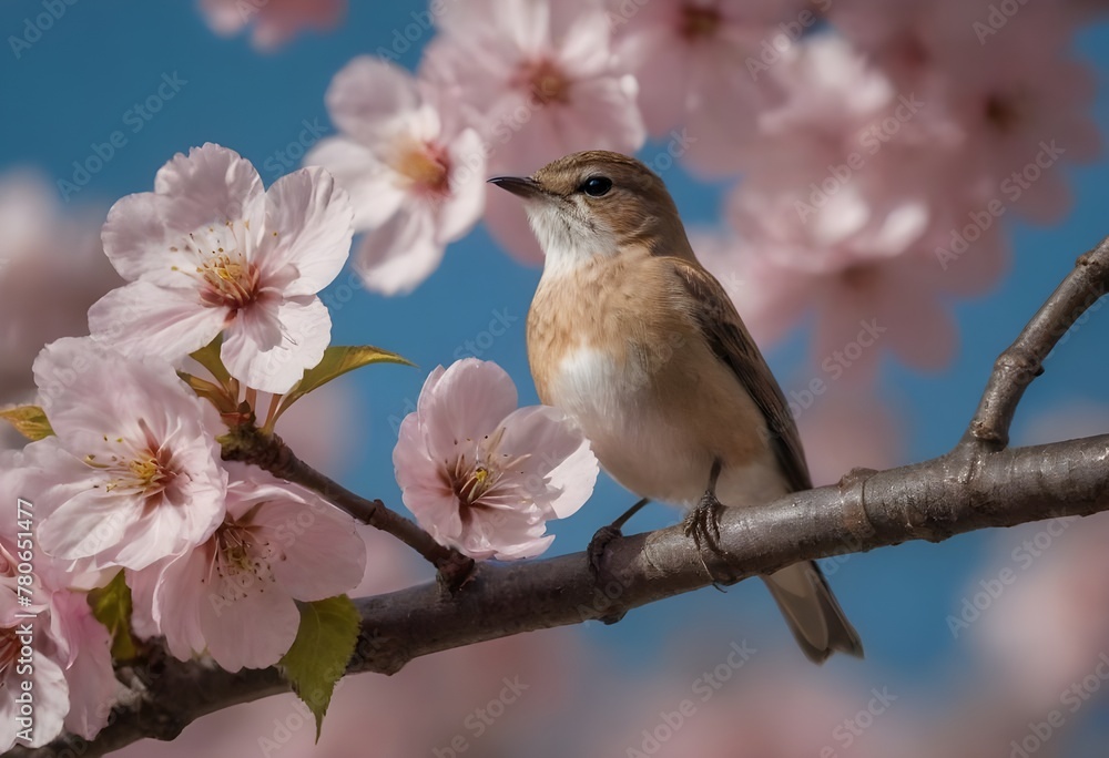 Vibrant Pink and Blue Bird Perched Among Spring Cherry Blossoms in Full Bloom