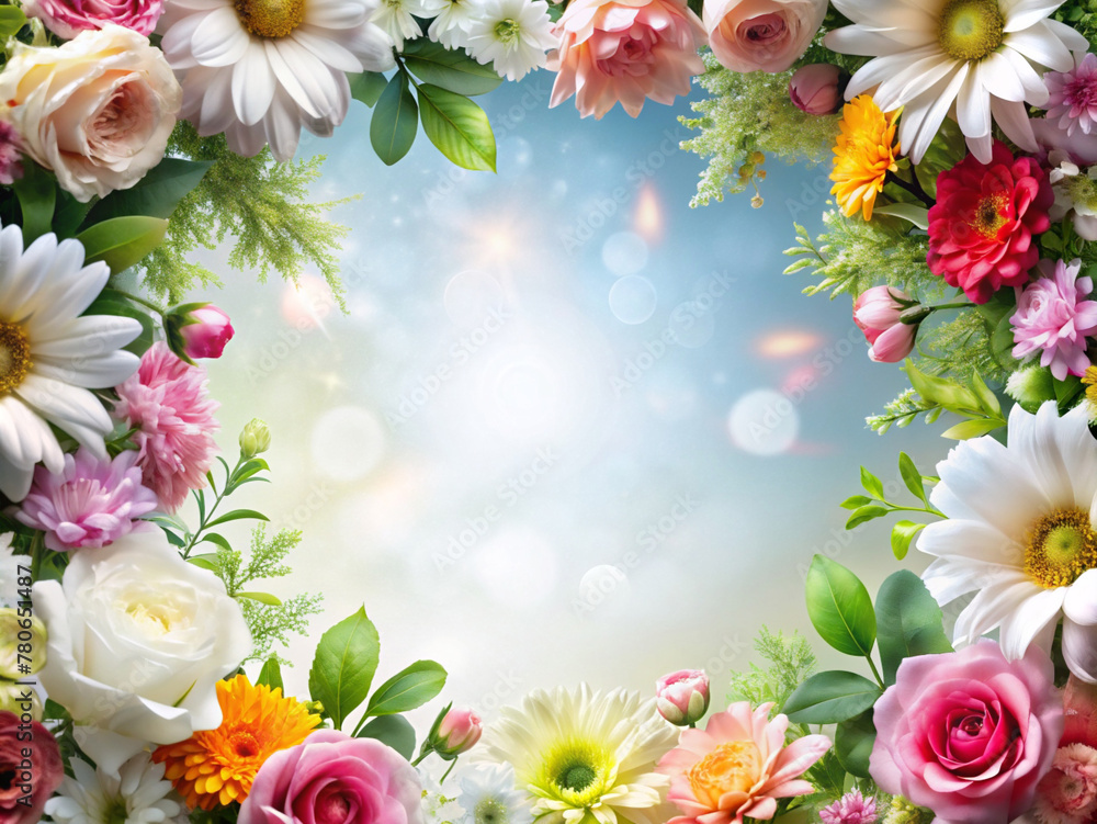  flowers in full bloom frame a bright blue sky with soft, glowing light filtering through