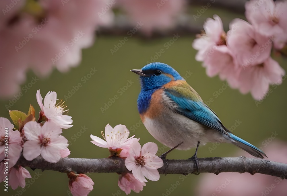 Vibrant Pink and Blue Bird Perched Among Spring Cherry Blossoms in Full Bloom Vibrant Pink and Blue Bird Perched Among Spring Cherry Blossoms in Full Bloom