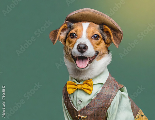 Joyful Puppy dressed in vintage retro fashion Costume. Smiling dog dressed in vintage-style clothes on flat background with copy space. © richard