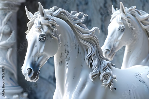 Three white horses with long manes and flowing tails. They are depicted in a marble-like material with a background that appears to be a marble wall. The middle horse is looking lef