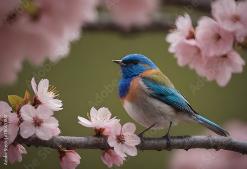 Vibrant Pink and Blue Bird Perched Among Spring Cherry Blossoms in Full Bloom