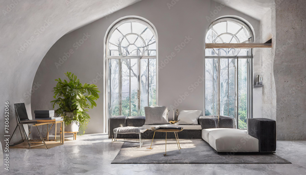 Fototapeta premium luxurious loft apartment with arched window and minimalistic interior living room design; 3D Illustration