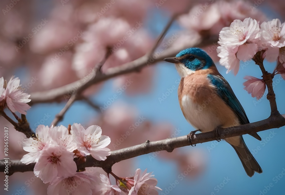 Vibrant Pink and Blue Bird Perched Among Spring Cherry Blossoms in Full Bloom
