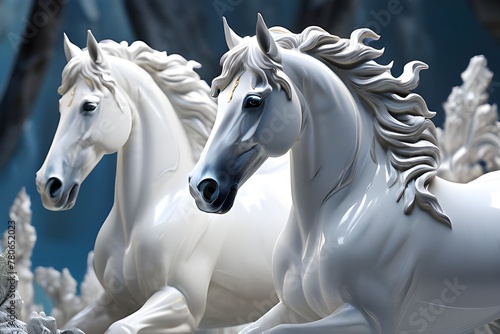Three white horses with long manes and flowing tails. They are depicted in a marble-like material with a background that appears to be a marble wall. The middle horse is looking lef photo