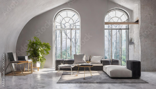 luxurious loft apartment with arched window and minimalistic interior living room design; 3D Illustration