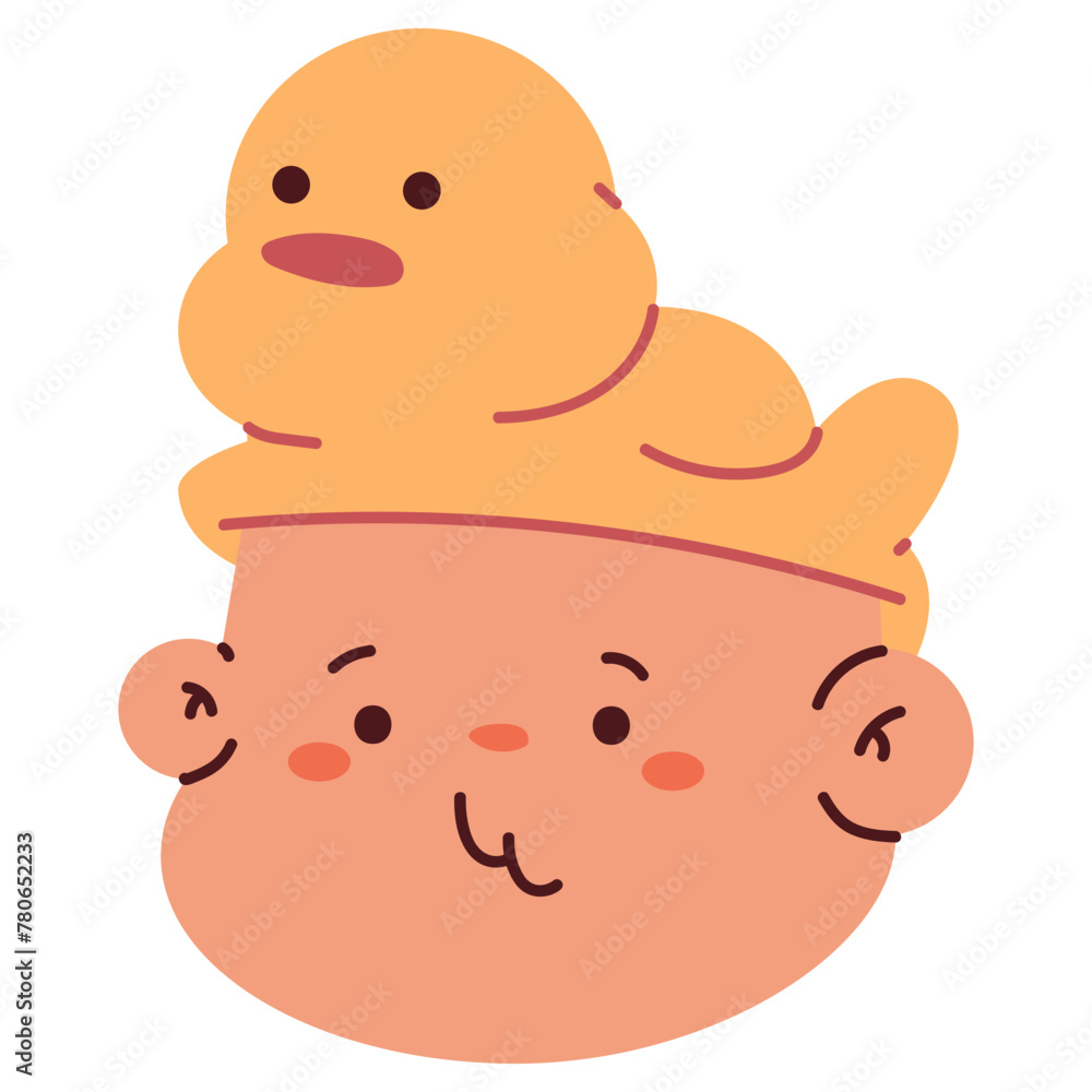 Fototapeta premium Cute baby face emotion in bath duck towel on head vector cartoon sign isolated on a white background.