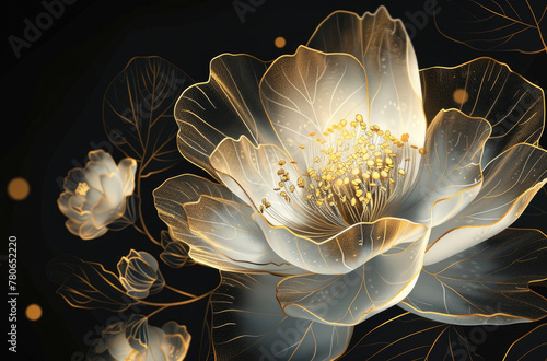 A white flower with gold outline on black background  a large one in the center and smaller flowers around it