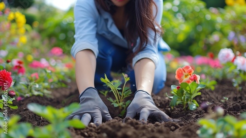 Woman plants a variety of flowers in her garden, creating a blooming paradise that radiates beauty and tranquility throughout the seasons. #780652651