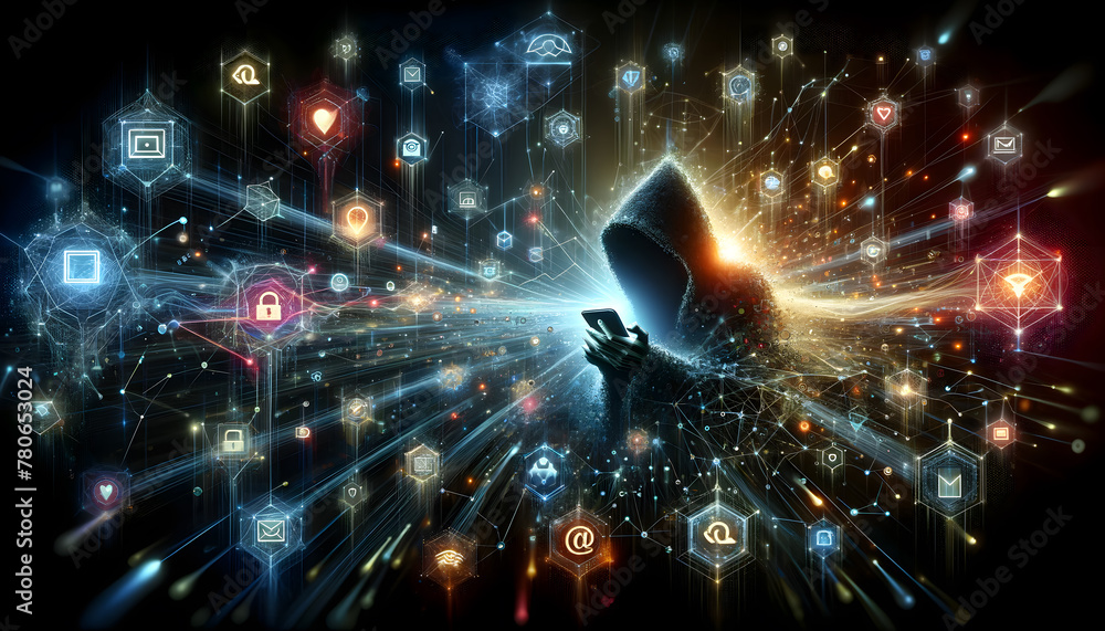A hooded hacker with a glowing face mask, immersed in cyberspace with security locks.