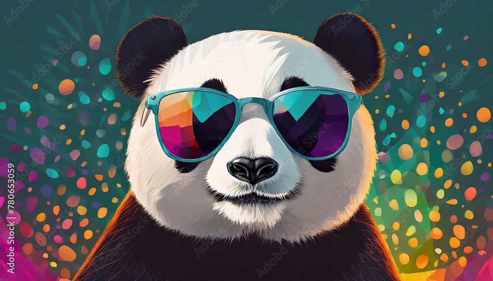 Panda wearing sunglasses on a solid color background,  art, digital art, faceted